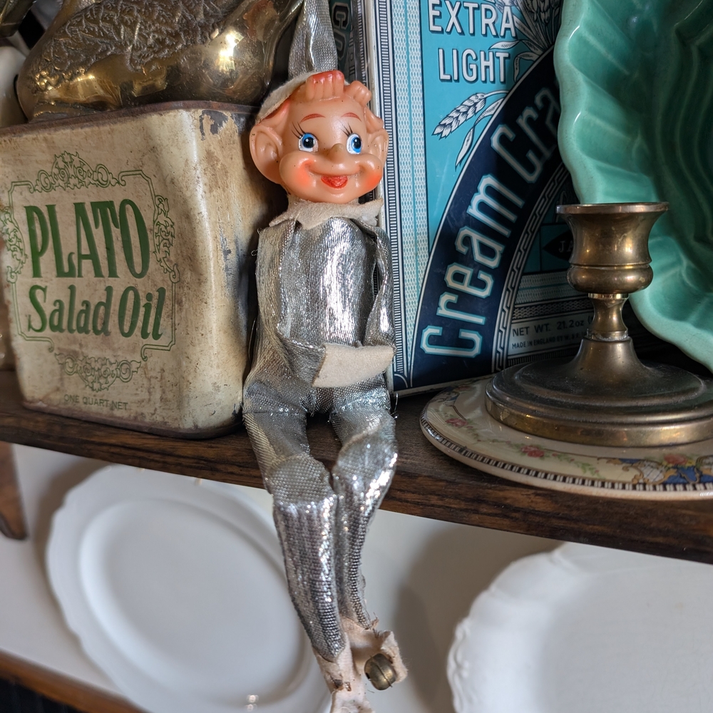 Vintage Silver Elf Holiday Decor Christmas Knee Hugger Rare Large Rubber Face